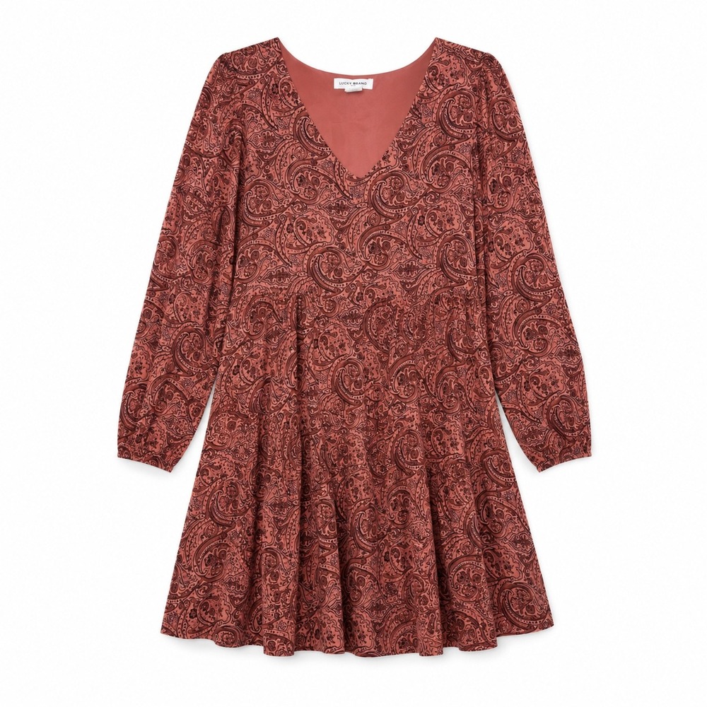 Lucky Brand Paisley Boho Mini Dress Small Burgundy V Neck Long Sleeve